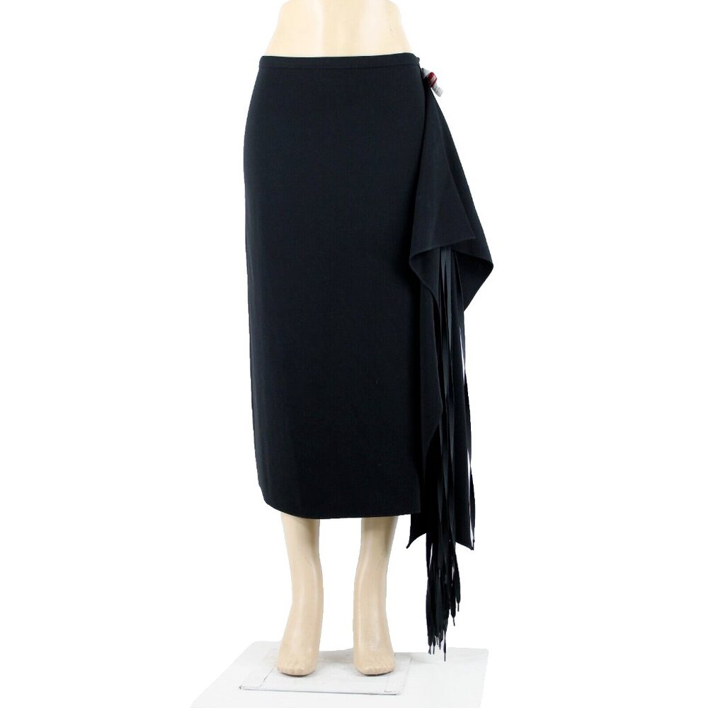 Tibi Black Asymmetrical Fringe Pencil Skirt